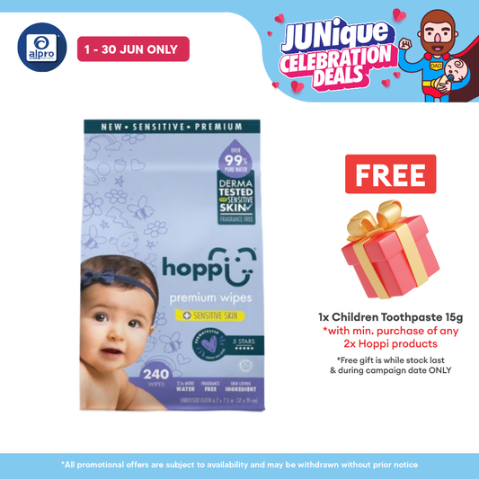 Hoppi 99% Premium Water Baby Wipes 80 Sheets per Pack - 3 In 1 Bundle Pack | Suitable For Newborns & Sensitive Skins Hoppi