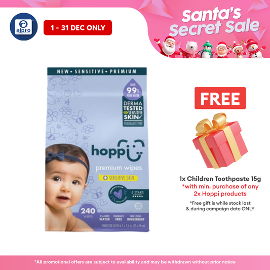 Hoppi 99% Premium Water Baby Wipes 80 Sheets per Pack - 3 In 1 Bundle Pack | Suitable For Newborns & Sensitive Skins Hoppi