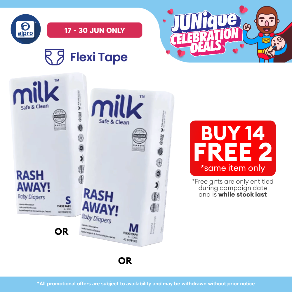 Milk Flexi Tape Baby Diapers (Size S48pcs/ M42pcs) | Sensitive Skin Friendly & Leak-Proof MILK Diapers