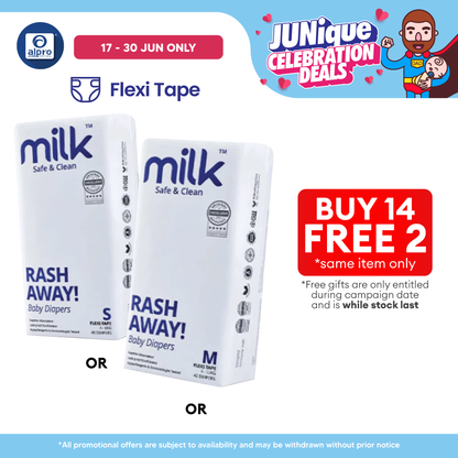 Milk Flexi Tape Baby Diapers (Size S48pcs/ M42pcs) | Sensitive Skin Friendly & Leak-Proof MILK Diapers