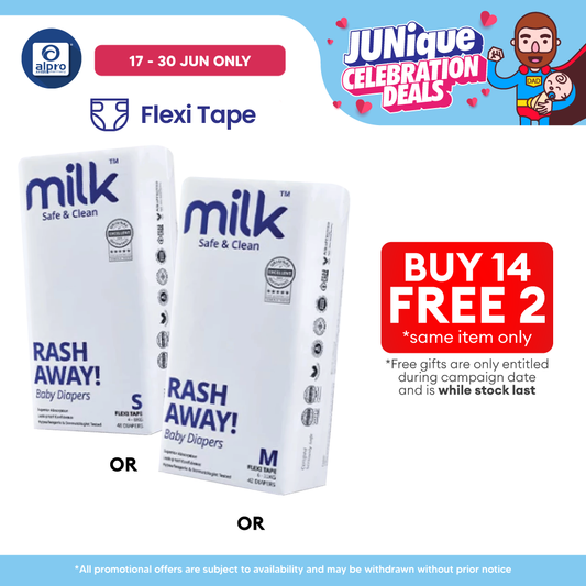 Milk Flexi Tape Baby Diapers (Size S48pcs/ M42pcs) | Sensitive Skin Friendly & Leak-Proof MILK Diapers