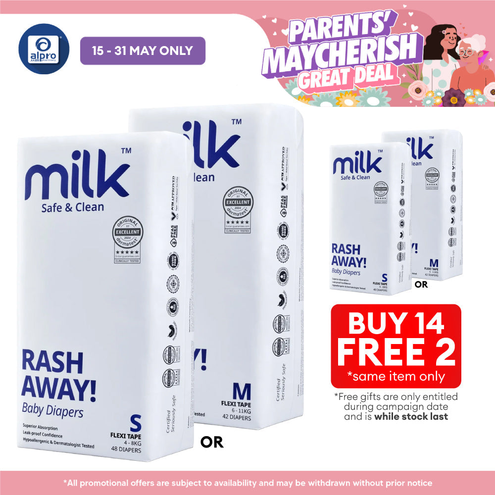 Milk Flexi Tape Baby Diapers (Size S48pcs/ M42pcs) | Sensitive Skin Friendly & Leak-Proof MILK Diapers