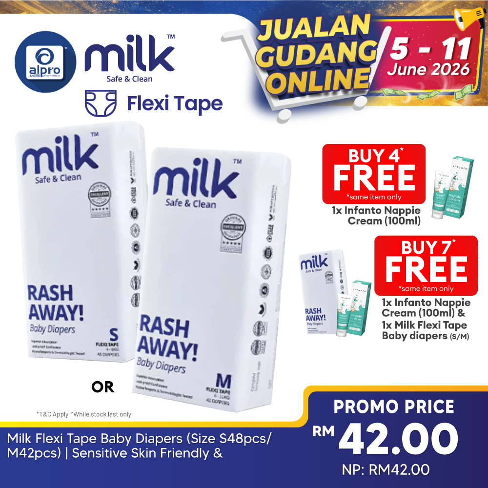 Milk Flexi Tape Baby Diapers (Size S48pcs/ M42pcs) | Sensitive Skin Friendly & Leak-Proof MILK Diapers
