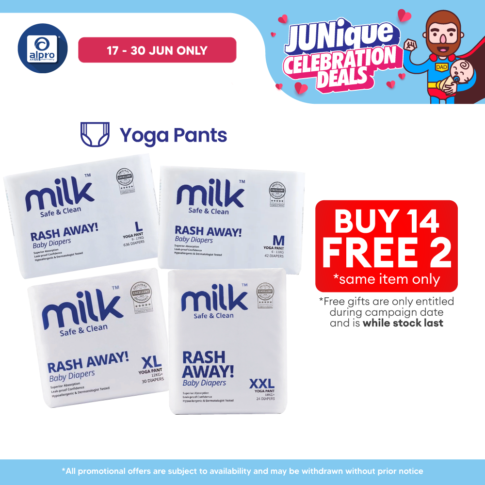 Milk Yoga Pants Baby Diapers (M42pcs/ L36pcs/ XL30pcs/ XXL24pcs) | Ultra-Sonic Side Seal for a Snug Fit MILK Diapers