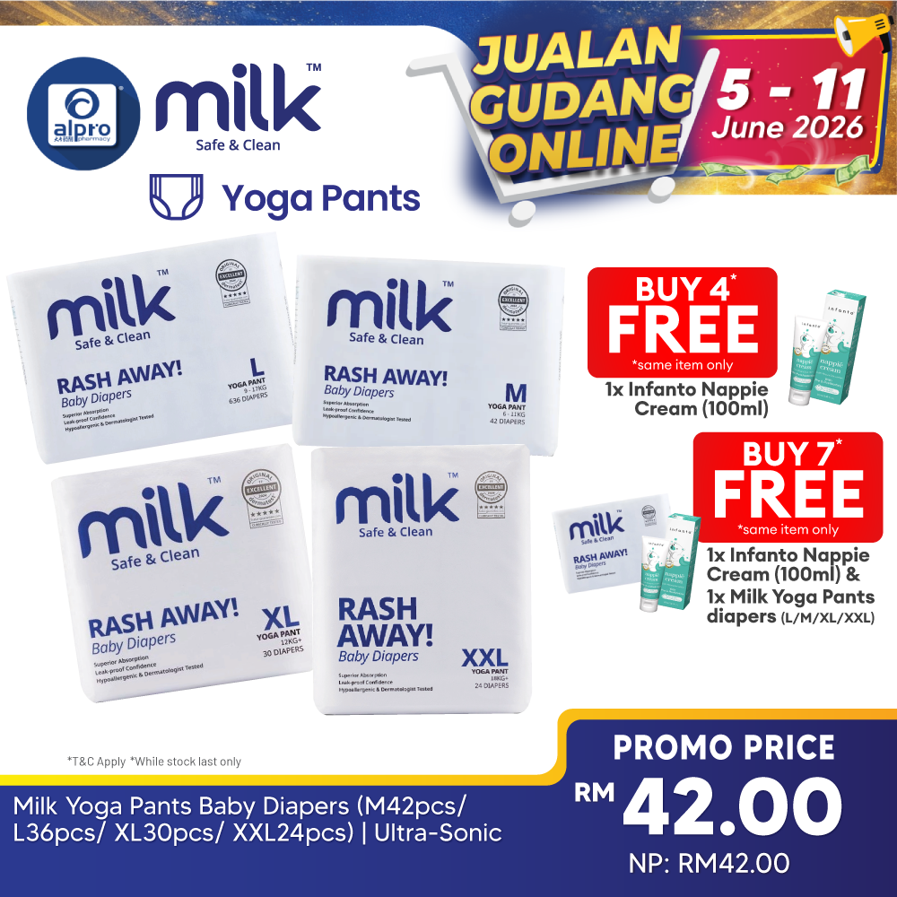 Milk Yoga Pants Baby Diapers (M42pcs/ L36pcs/ XL30pcs/ XXL24pcs) | Ultra-Sonic Side Seal for a Snug Fit MILK Diapers