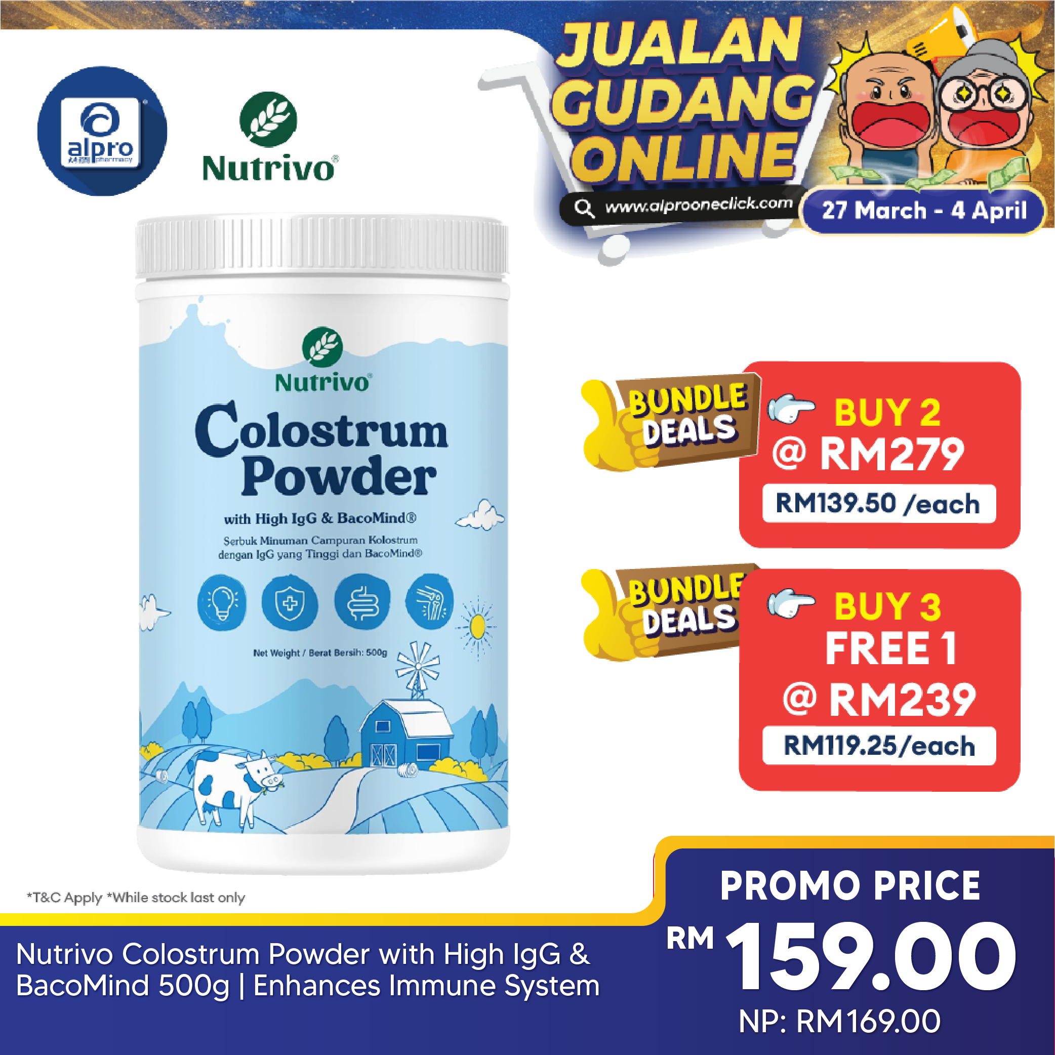 Nutrivo Colostrum Powder with High IgG & BacoMind 500g | Enhances Immune System Nutrivo