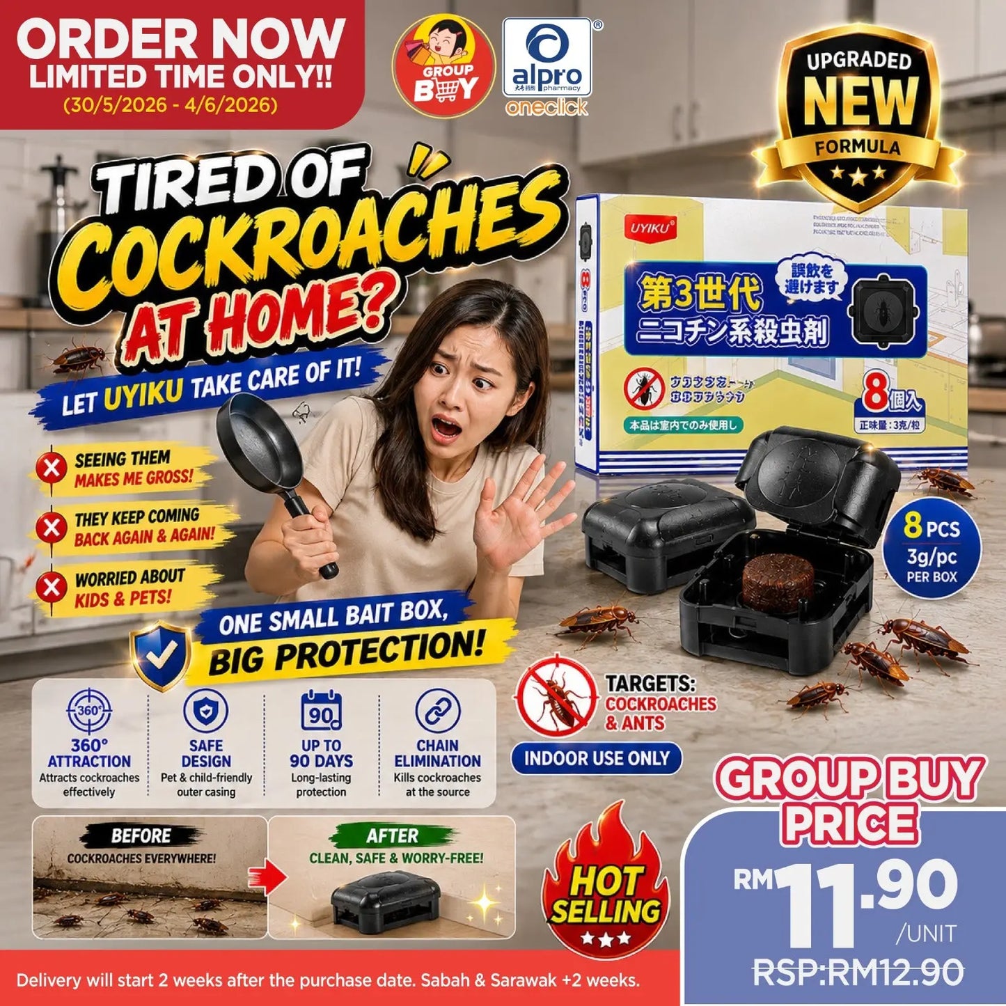 [Group Buy Delivery Starts: 07/07/2026] Uyiku 8-Pack Upgraded Cockroach Killer Bait Box Group Buy