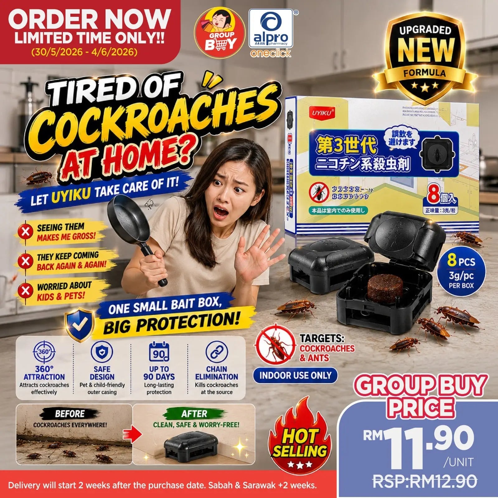 [Group Buy Delivery Starts: 07/07/2026] Uyiku 8-Pack Upgraded Cockroach Killer Bait Box Group Buy