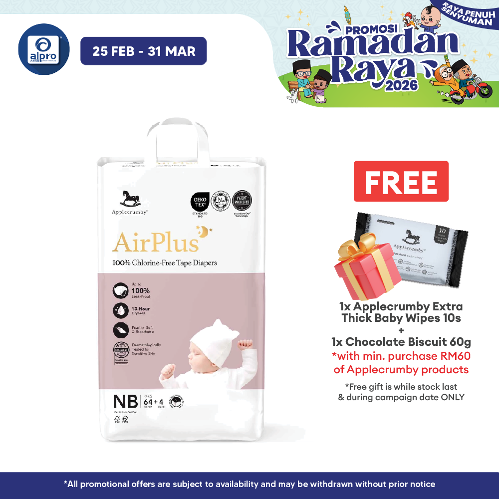 Applecrumby Airplus Overnight Tape Diapers Newborn 64s | Chlorine-Free & Leak-Proof Applecrumby