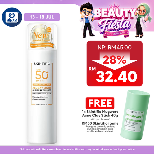 Skintific All Day Light Sunscreen Mist SPF50 PA++++ 120mL | Non-Greasy & Invisible Feeling Skintific