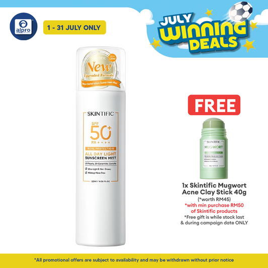 Skintific All Day Light Sunscreen Mist SPF50 PA++++ 120mL | Non-Greasy & Invisible Feeling Skintific