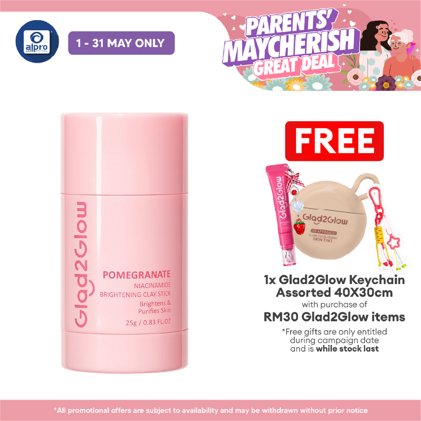 Glad2Glow Pomegranate Niacinamide Brightening Clay Mask Stick 25g | Brighten & Evens Out Skin Tones Glad2Glow