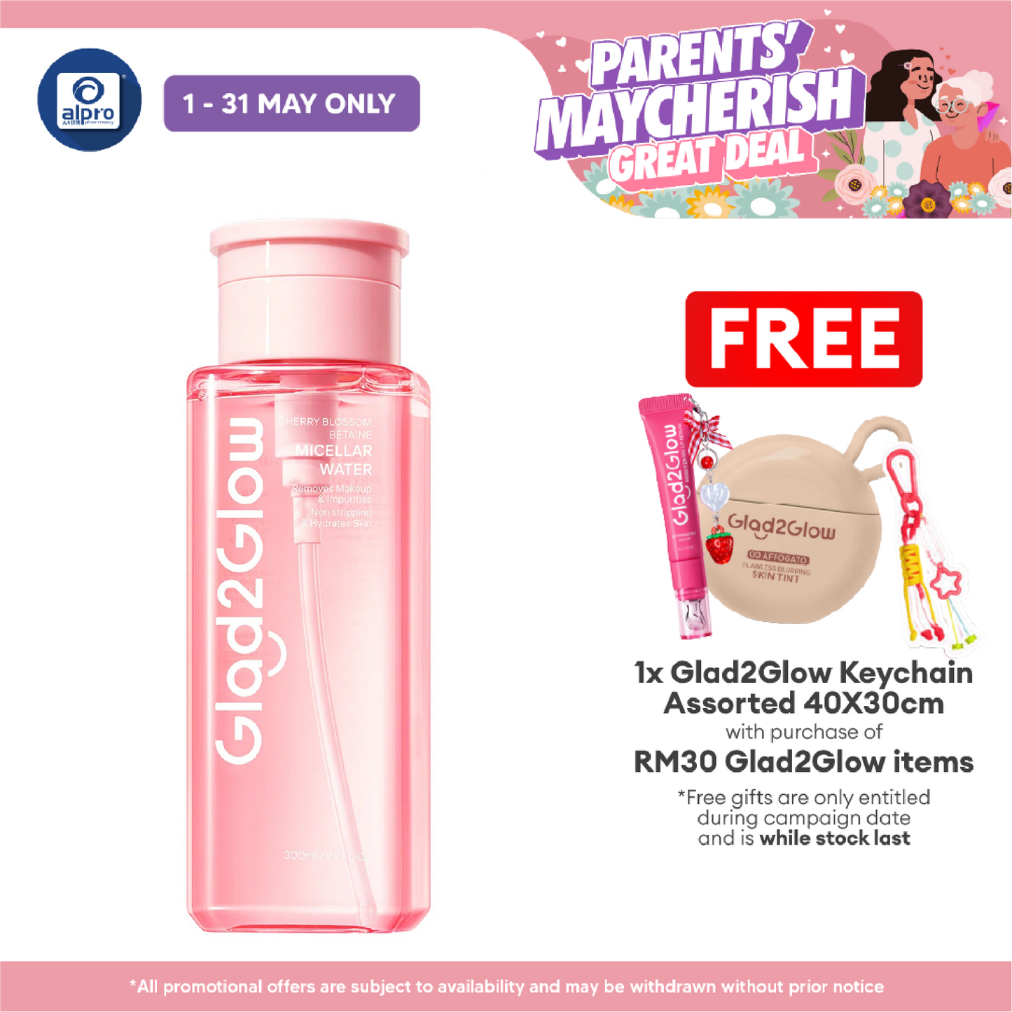 Glad2Glow Cherry Blossom Betaine Micellar Water 300mL | Remove Makeup in One Wipe Glad2Glow