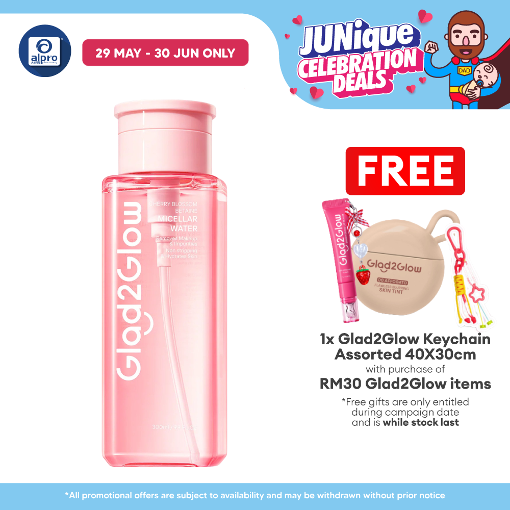 Glad2Glow Cherry Blossom Betaine Micellar Water 300mL | Remove Makeup in One Wipe Glad2Glow