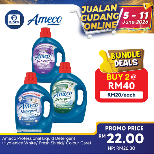 Ameco Professional Liquid Detergent (Hygienice White/ Fresh Shield/ Colour Care) 3.2kg | Ecofriendly Perfumed Detergent AMECO