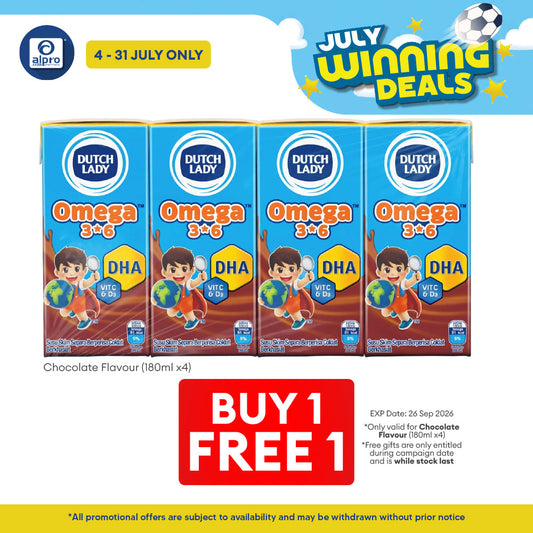 Dutch Lady UHT Omega (Plain/ Chocolate) 180ml ×4s | Enriched with DHA & Omega 3*6 Dutch Lady
