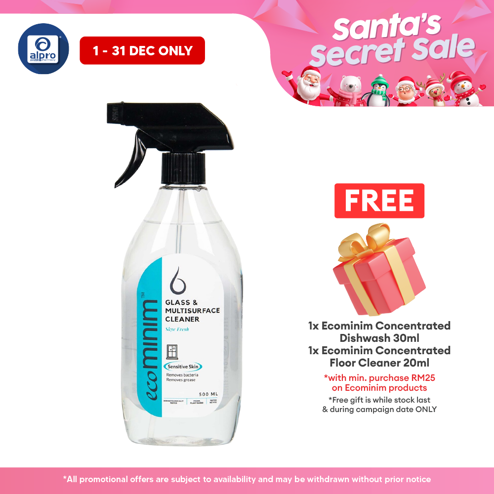 Ecominim Glass & Multi Cleaner - Skye Fresh 500mL | Non-Corrosive Solution & Fast-Drying Formula ECOMINIM