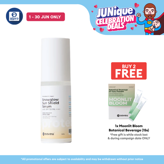 Soveu Snowglow Serum Shield SPF 50 PA++++ 30mL | Lightweight Texture & Shield from Harsh Sun Soveu