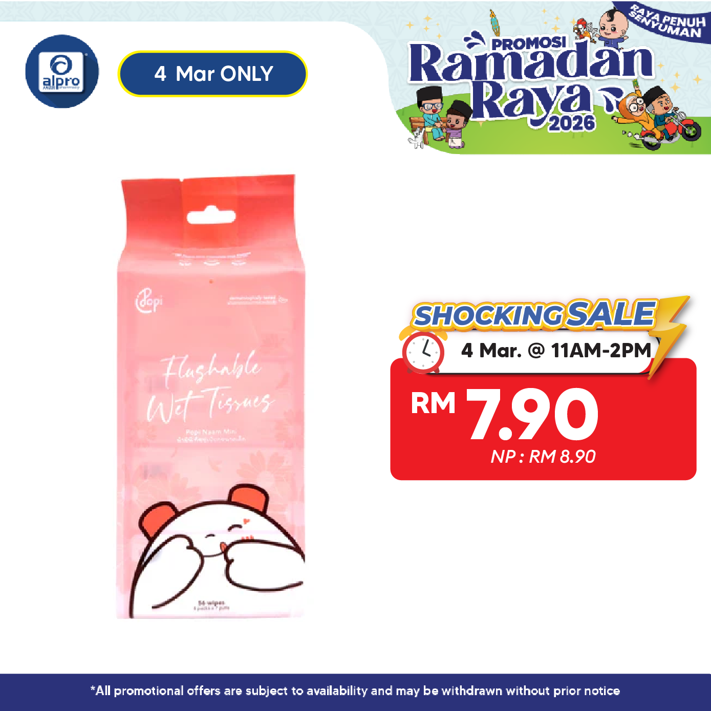 Popi Naam Mini Flushable Wet Tissue 7s ×8 Packs | With Aloe Vera, Chamomile, & Tea Tree POPI