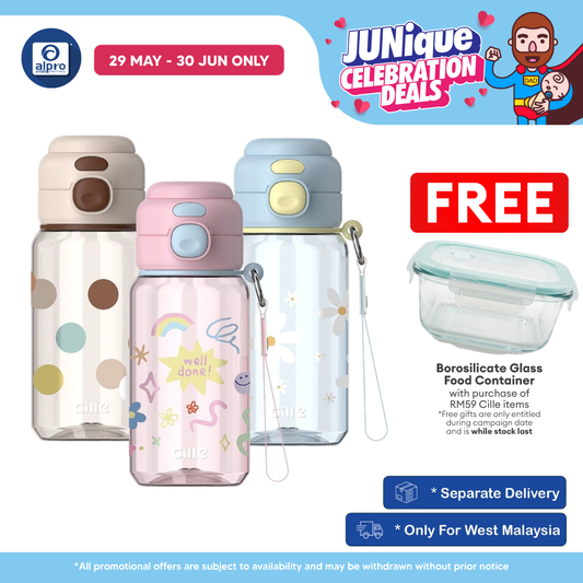 Cille Cute Tritan Water Bottle 520mL (XL-2536-520) | Dual Drink, Leak-Proof, Strap & One-Click Open Cille