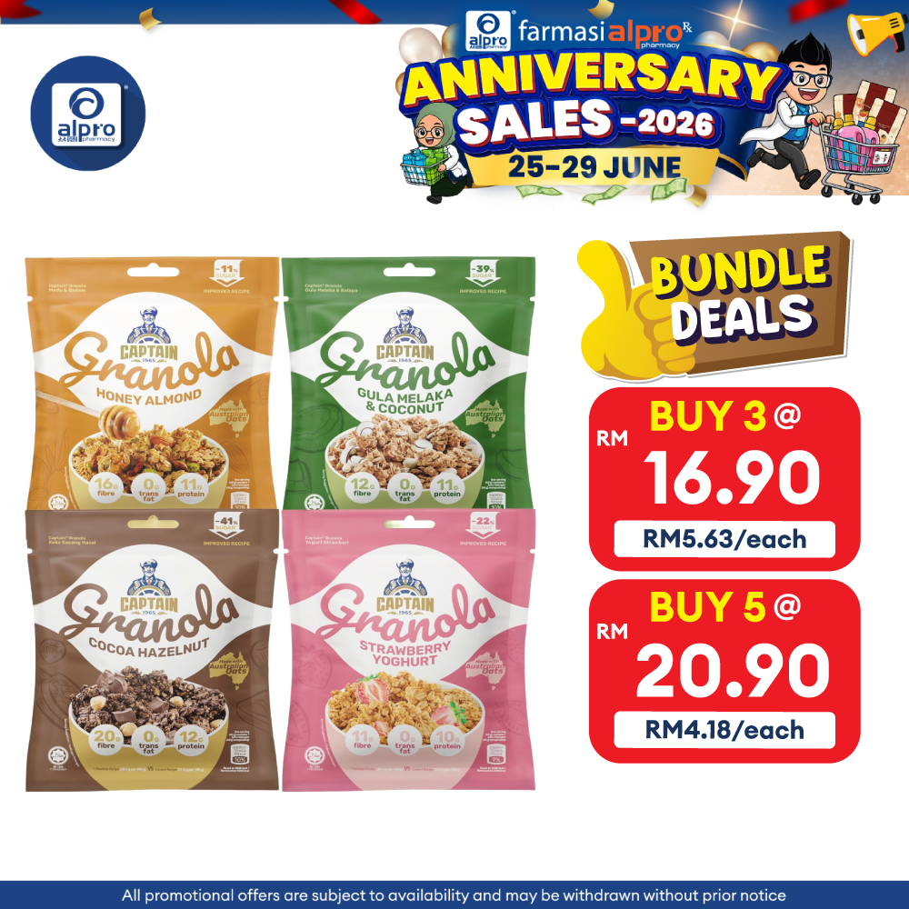 Captain Granola (Honey Almond/ Gula Melaka & Coconut/ Cocoa Hazelnut/ Strawberry Yoghurt) 40g | Made with Australian Oat Captain