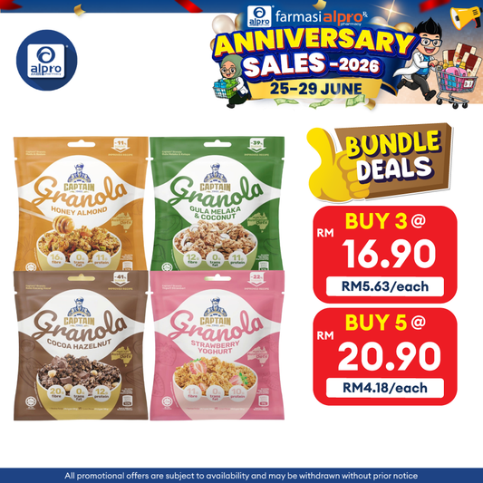 Captain Granola (Honey Almond/ Gula Melaka & Coconut/ Cocoa Hazelnut/ Strawberry Yoghurt) 40g | Made with Australian Oat Captain