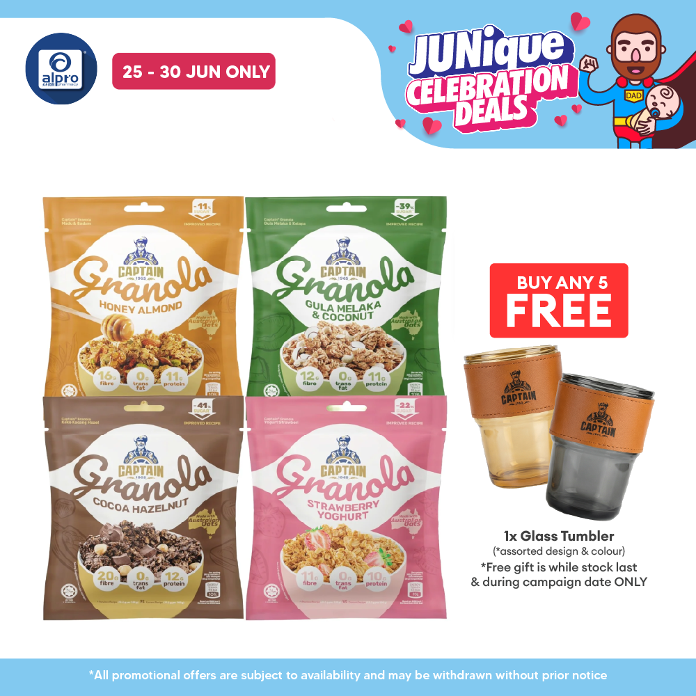 Captain Granola (Honey Almond/ Gula Melaka & Coconut/ Cocoa Hazelnut/ Strawberry Yoghurt) 40g | Made with Australian Oat Captain