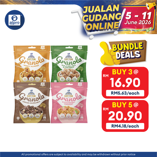 Captain Granola (Honey Almond/ Gula Melaka & Coconut/ Cocoa Hazelnut/ Strawberry Yoghurt) 40g | Made with Australian Oat Captain