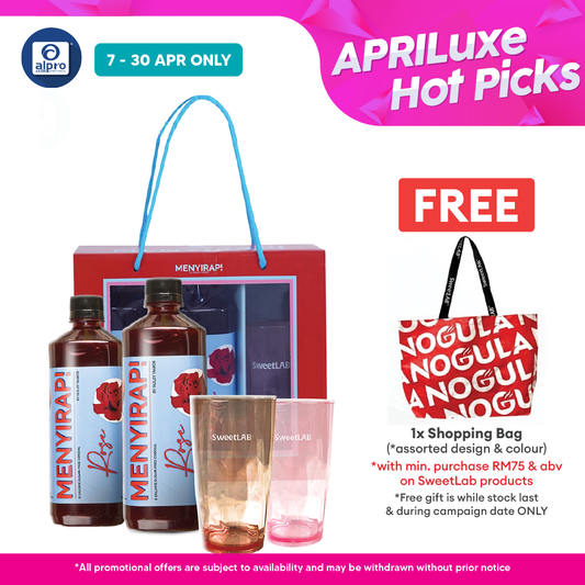 SweetLab Menyirap Rose Kordial Gift Box | Includes 500mL ×2s + 1 Pink/Chocolate Glass SweetLAB