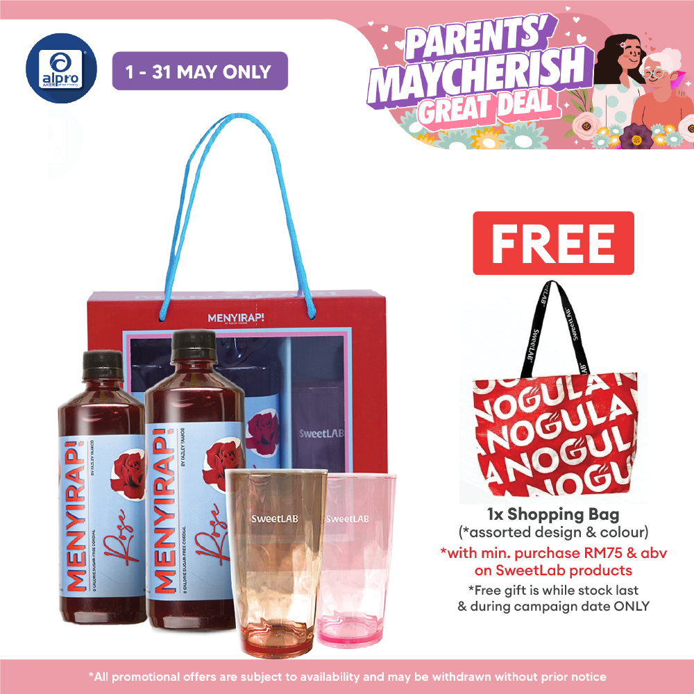 SweetLab Menyirap Rose Kordial Gift Box | Includes 500mL ×2s + 1 Pink/Chocolate Glass SweetLAB