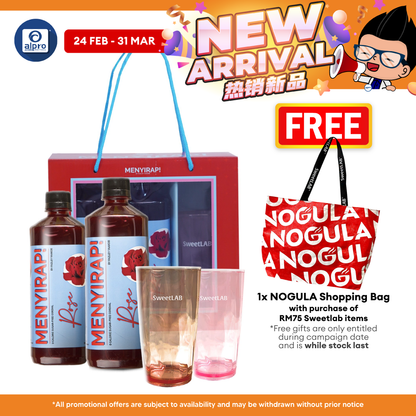 SweetLab Menyirap Rose Kordial Gift Box | Includes 500mL ×2s + 1 Pink/Chocolate Glass SweetLAB