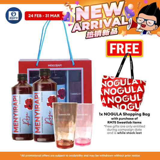 SweetLab Menyirap Rose Kordial Gift Box | Includes 500mL ×2s + 1 Pink/Chocolate Glass SweetLAB
