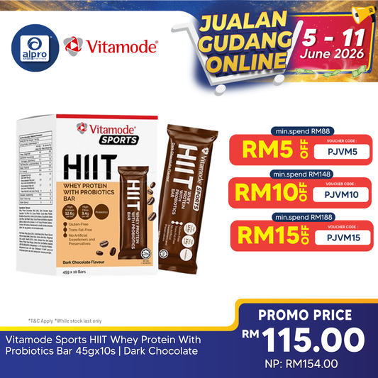 Vitamode Sports HIIT Whey Protein With Probiotics Bar 45gx10s | Dark Chocolate Vitamode