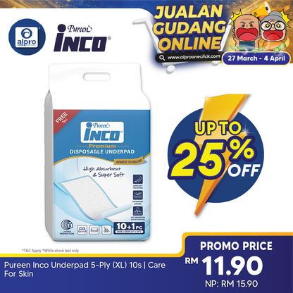 Pureen Inco Underpad 5-Ply (XL) 10s | Care For Skin Pureen
