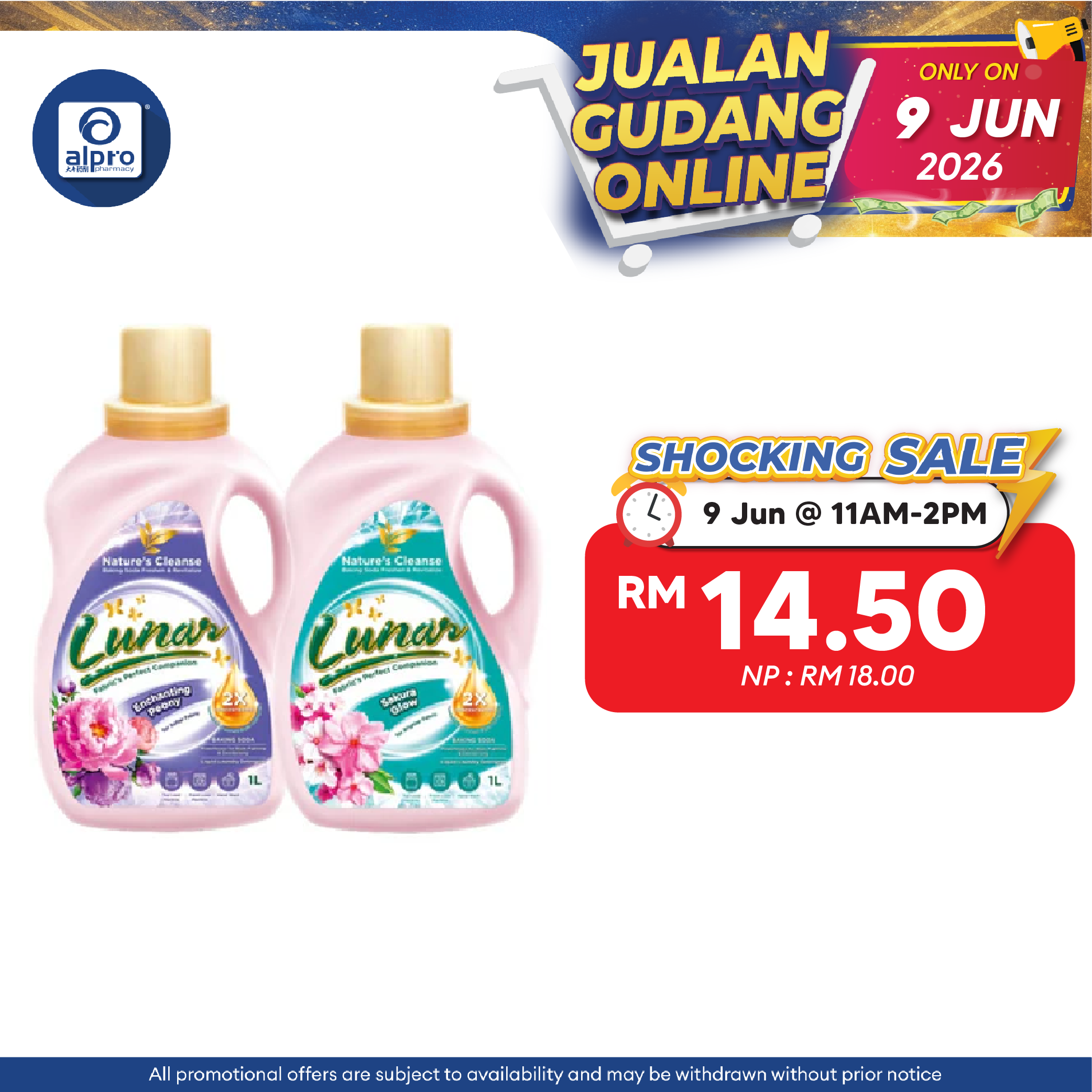 Lunar 2X Concentrated Baking Soda Liquid Laundry Detergent (Enchanting Peony/ Sakura Glow) 1L | Removes Stubborn Stains