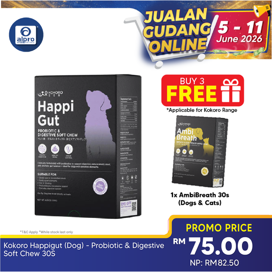 Kokoro Happigut (Dog) - Probiotic & Digestive Soft Chew 30s | Mess & Odour Control Kokoropet