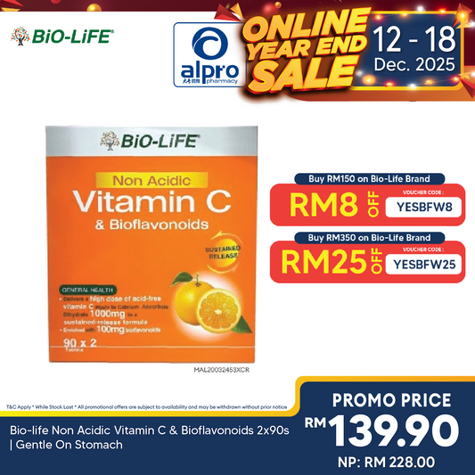 Bio-life Non Acidic Vitamin C & Bioflavonoids 2x90s | Gentle On Stomach Bio-life
