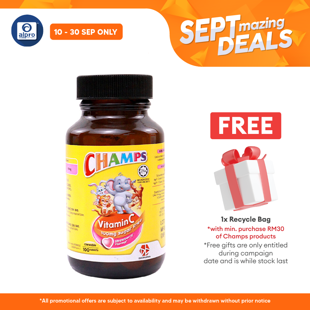 Champs C 100mg Sugar Free Strawberry 100s | Kids Vitamin C Champs