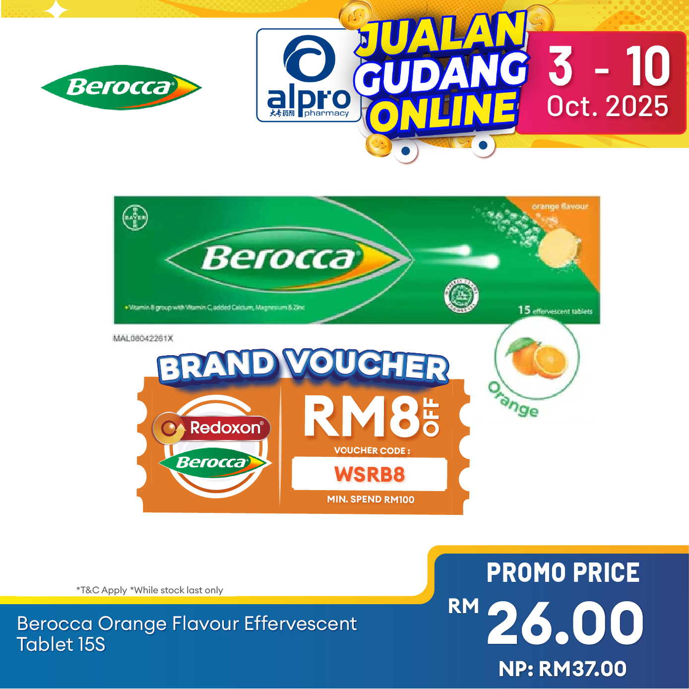Berocca Effervescent Orange 15s | Vitamin B & C Alpro Pharmacy