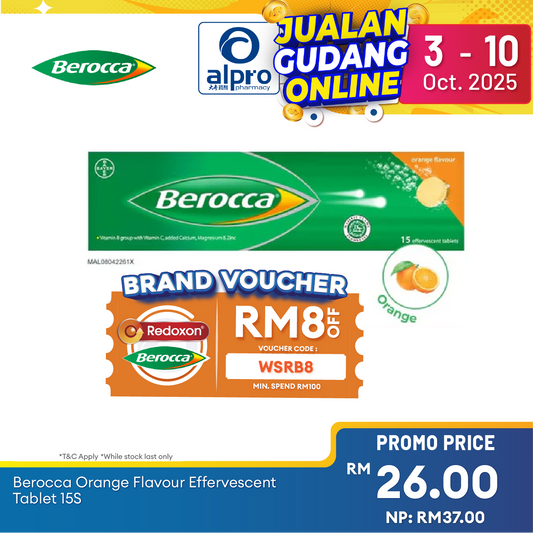 Berocca Effervescent Orange 15s | Vitamin B & C Alpro Pharmacy