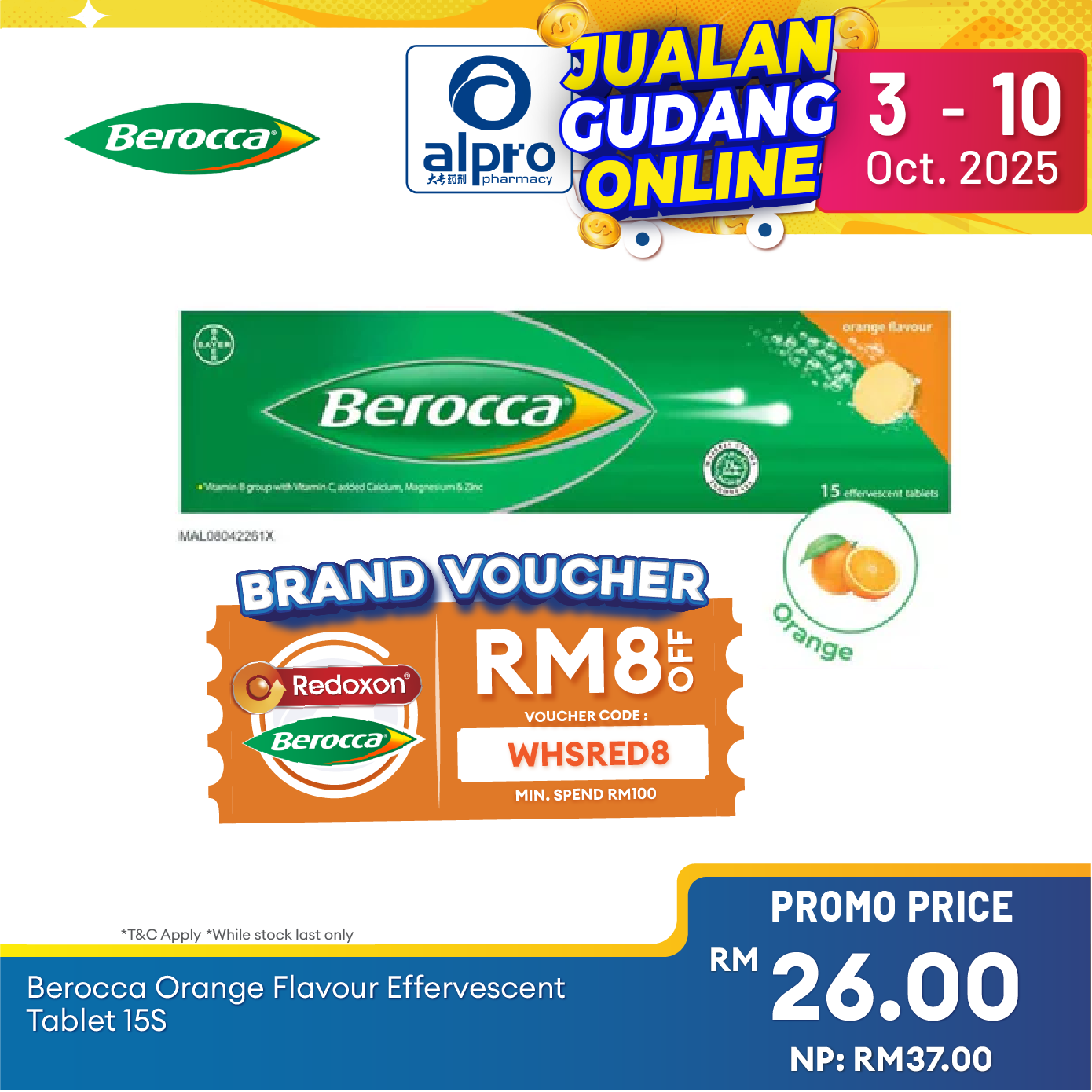 Berocca Effervescent Orange 15s | Vitamin B & C Alpro Pharmacy
