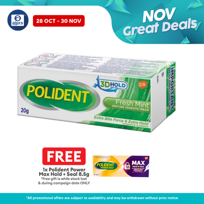 Polident Fresh Mint Denture Adhesive Cream 20g | Improve Denture Fit & Comfort. Alpro Pharmacy