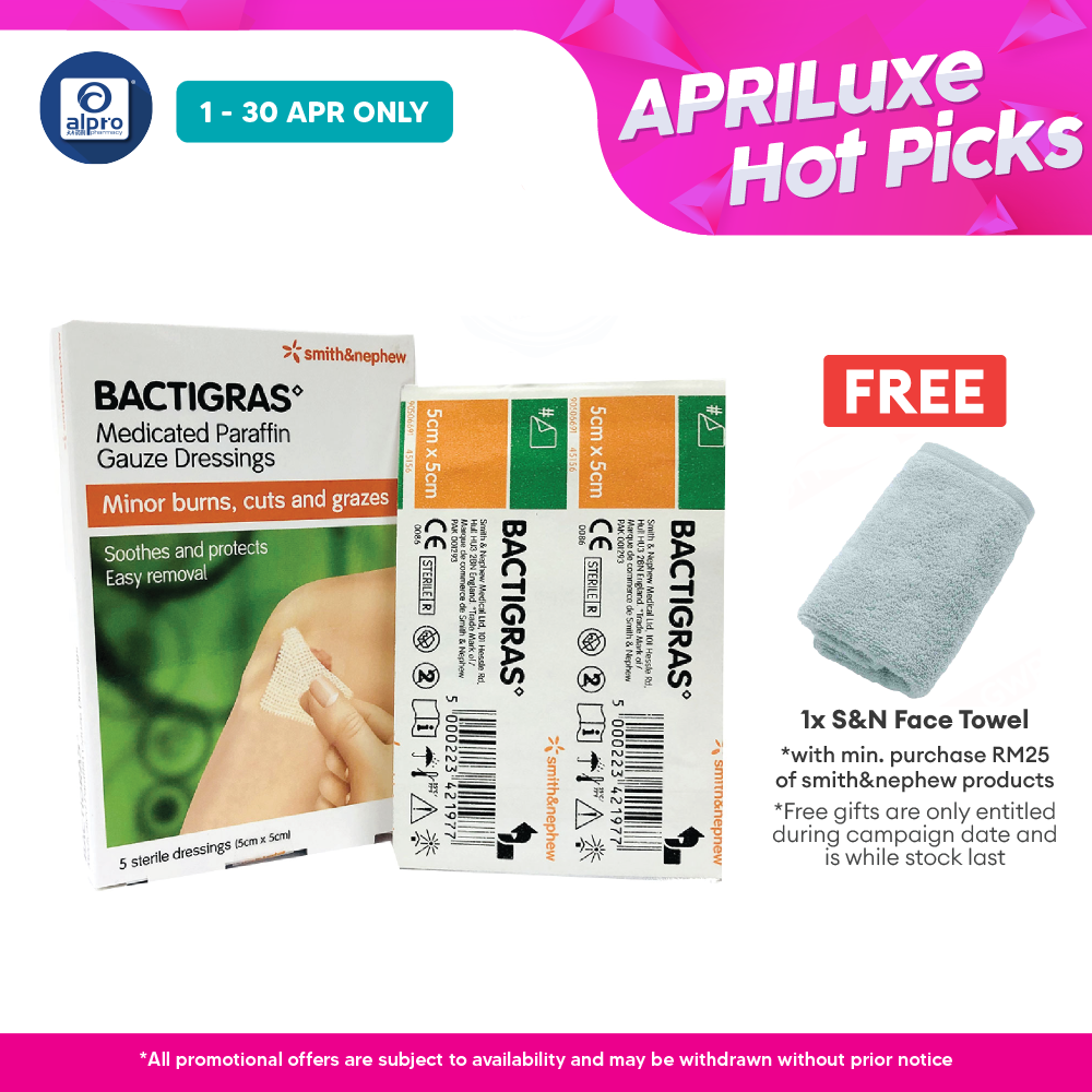 S&n Bactigras Medicated Paraffin Gauze Dressing 5cmx5cm 5s Smith&nephew