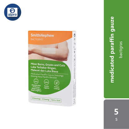 S&n Bactigras Medicated Paraffin Gauze Dressing 5cmx5cm 5s Smith&nephew