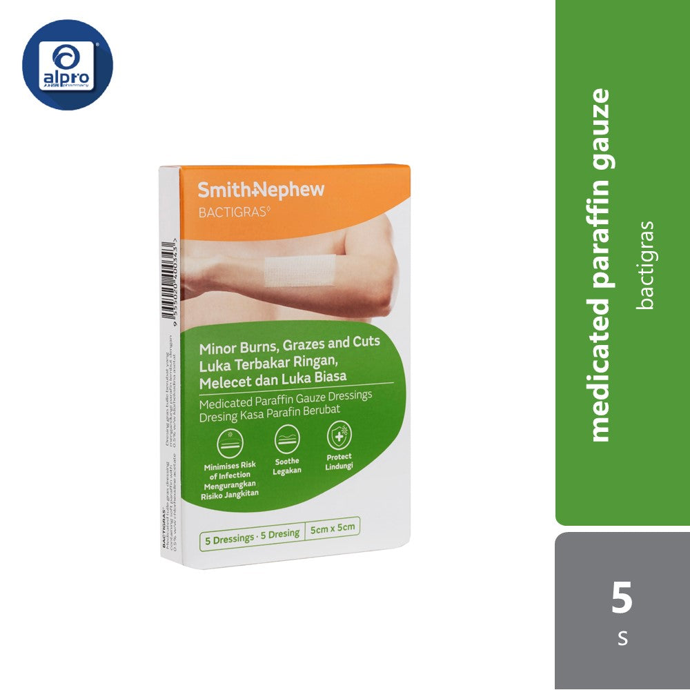 S&n Bactigras Medicated Paraffin Gauze Dressing 5cmx5cm 5s Smith&nephew