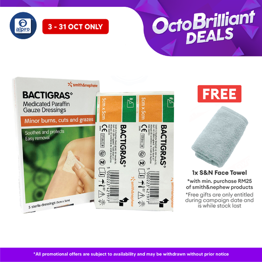S&n Bactigras Medicated Paraffin Gauze Dressing 5cmx5cm 5s Smith&nephew