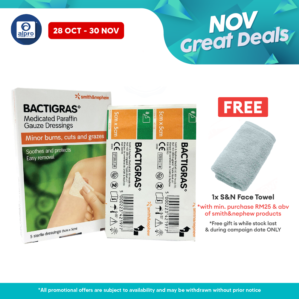 S&n Bactigras Medicated Paraffin Gauze Dressing 5cmx5cm 5s Smith&nephew
