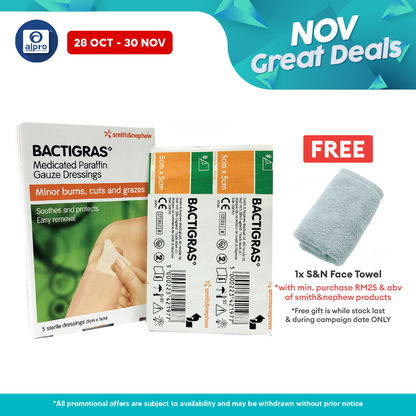 S&n Bactigras Medicated Paraffin Gauze Dressing 5cmx5cm 5s Smith&nephew