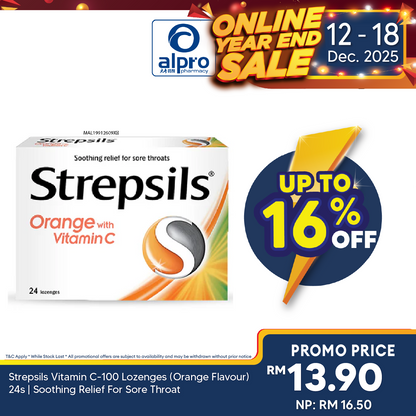 Strepsils Vitamin C-100 Lozenges (Orange Flavour) 24s | Soothing Relief For Sore Throat Strepsils