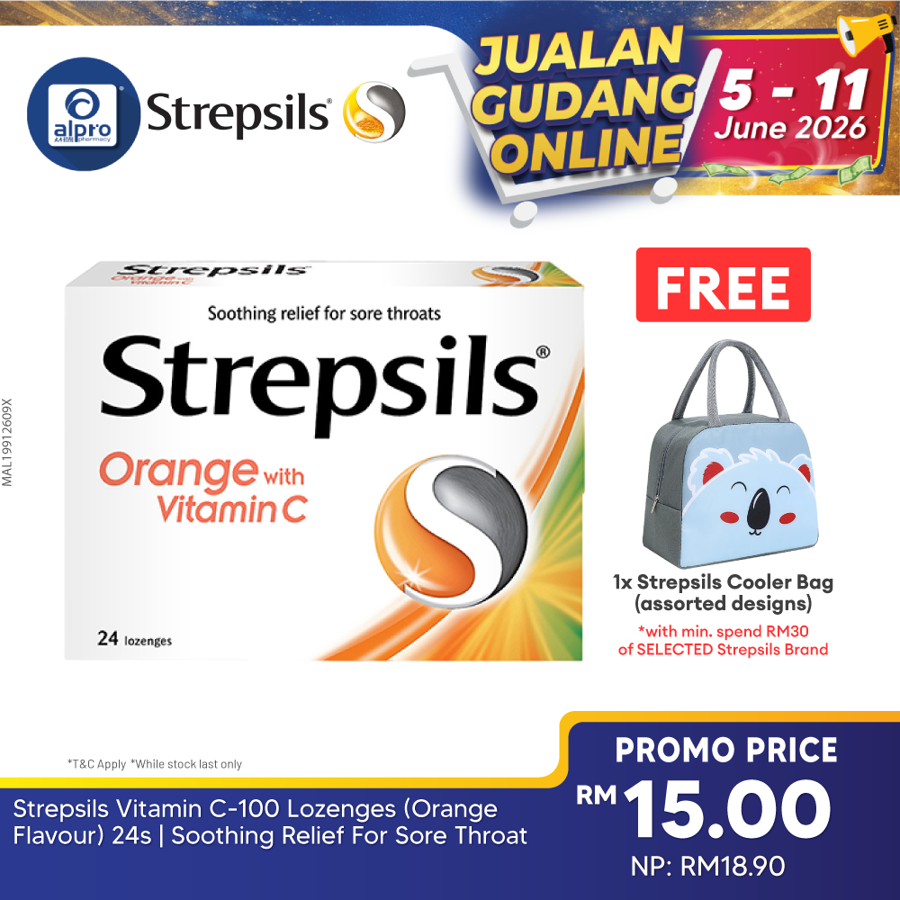 Strepsils Vitamin C-100 Lozenges (Orange Flavour) 24s | Soothing Relief For Sore Throat Strepsils